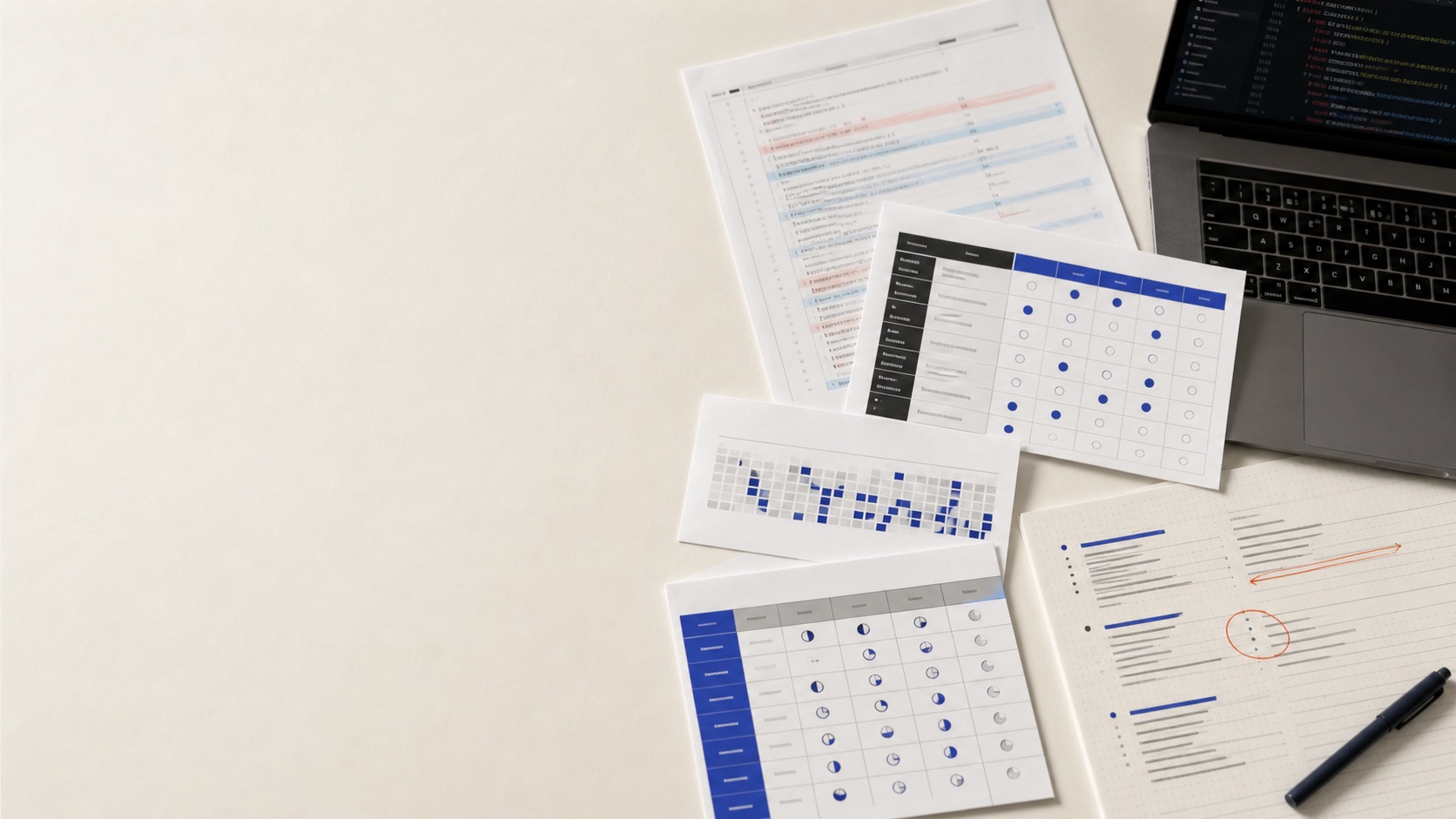 Technical screening materials including code review notes and a role evidence matrix.